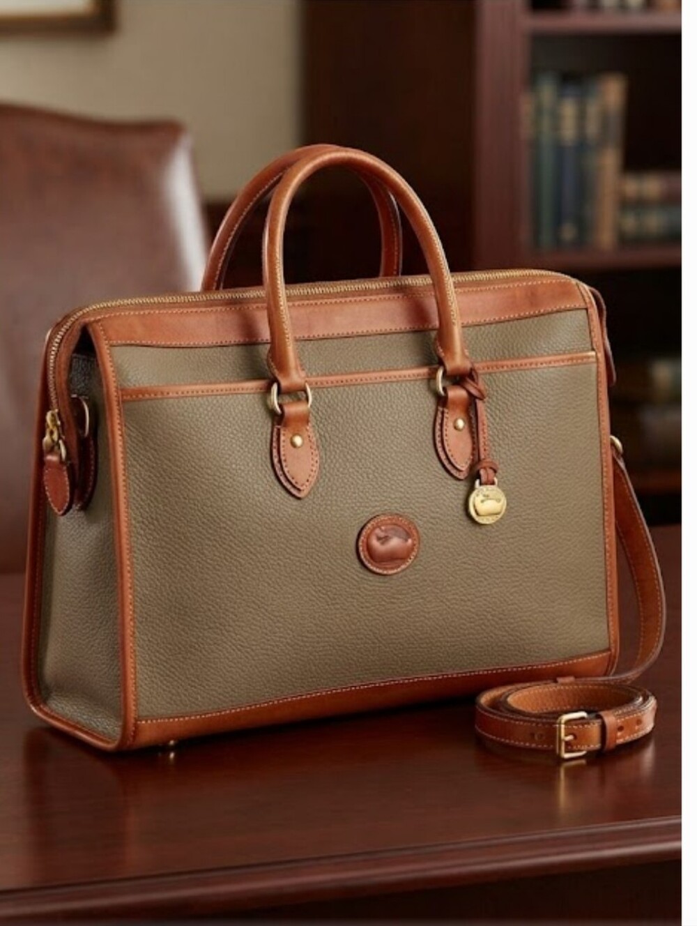 Dooney & Bourke Leather Top-Handle Briefcase in Beige and Tan